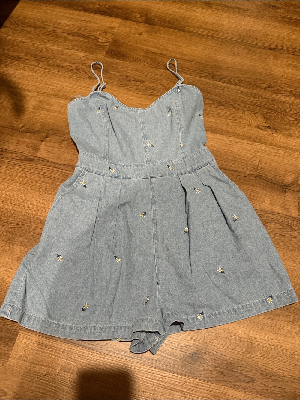 Girls' Light Blue Embroidered Daisy Denim One-Piece Romper